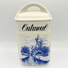 Vintage Blue Delft-Style Windmill Scene Ceramic 'Oat-Meal' Kitchen Canister with Lid