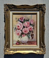 Original Oil Painting Still Life Yellow & Orange Roses in Vase, Gold Frame — listing 4