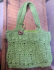 Vintage Crochet Macrame Tote Bag with Suede-Trimmed Wooden Handles — listing 6