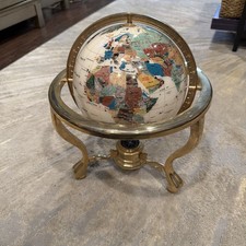 Gemstone Inlaid Semi-Precious Stone World Globe on Brass Stand with Compass