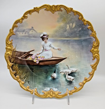 Limoges Portrait Cabinet Plate, Green & Gilt Border, Neoclassical Scene 'Signed Joel'