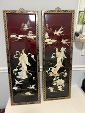 Chinese Black Lacquer Mother-of-Pearl Wall Panels, Set of 3 (Geisha Garden Scene) — listing 3
