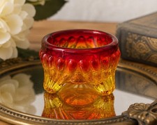 Vintage Amberina/Cadmium Red Pressed Glass Footed Salt Cellar / Master Salt Dip with Sawtooth Rim and Starburst Pattern — listing 4