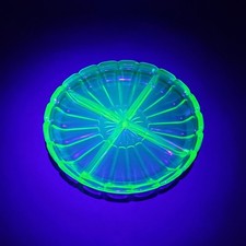 Vintage Uranium Green Glass Divided Relish Platter, 7.5 inch, Art Deco Fan Panel Design