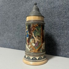 German Ceramic Beer Steins with Pewter Lids and Painted Glass Stein (Group) — listing 6