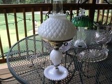 Vintage Milk Glass Daisy & Button Table Lamp with Turned Wood Accents — listing 4