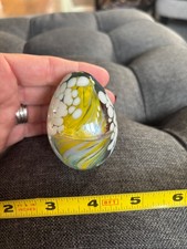 Art Glass Egg-Shaped Paperweight with Multicolor Floral Design and Controlled Bubbles