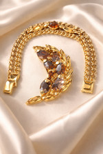 Vintage Domed Filigree Brooch with Amber Glass Cabochons and Aurora Borealis Rhinestones — listing 2