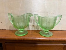Green Uranium Depression Glass Two-Handled Covered Sugar Bowl with Ribbed Panel Design — listing 5