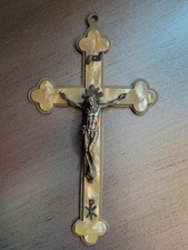 Antique Wood Wall Cross with Mother-of-Pearl Inlay and Gold Filigree Rosettes