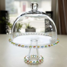 Vintage Candlewick-Style Beaded Rim Glass Pedestal Cake Stand with Starburst Pattern