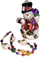 Blown Glass Snowman in Harlequin Stocking Christmas Ornament — listing 2