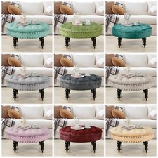 Large Round Upholstered Cocktail Ottoman with Carved Wood Base, Paisley Chenille — listing 3