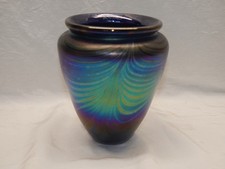 Hand-Blown Art Glass Vase with Blue & White Pulled Feather / Peacock Design and Iridescent Gold Interior — listing 5