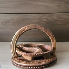 Vintage Hand-Carved Wooden Fruit Set with Rattan Gondola Basket, Made in Portugal (15" wide) — listing 5