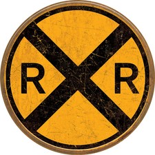 Vintage Round Railroad Crossing (RXR) Highway Warning Sign, Yellow & Black Steel — listing 4