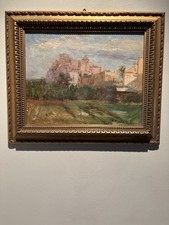 Vintage Italian Landscape Oil Painting, Bay of Naples with Umbrella Pines and Vesuvius, Ornate Gilt Frame, listing 3