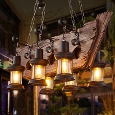Vintage 8-Light Wood-Arm Chandelier with Amber Tulip Glass Shades