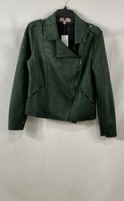 Vintage Women's Green Suede Leather Moto-Style Zip Jacket with Mandarin Collar — listing 5