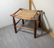 Vintage Mid-Century Kidney-Shaped Tufted Vinyl Footstool with Turned Wood Legs — listing 4