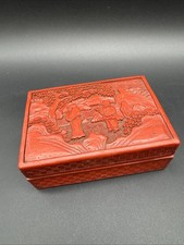 Chinese lacquer box Vintage Chinese Carved Red Lacquer Wood Jewelry Box with Soapstone Figural Appliques — listing 5