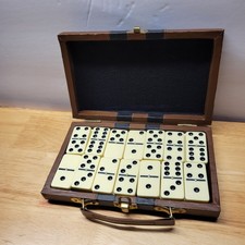 Vintage Double Six Domino Set with Red Trim Tiles in Burgundy Vinyl Zip Case — listing 3