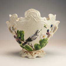 Vintage Cylindrical Ceramic Vase with Raised Bird & Floral Motif and Gilt Rim — listing 6