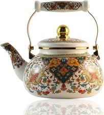 White Enamel Stovetop Tea Kettle with Blue Bird & Tree of Life Design — listing 2