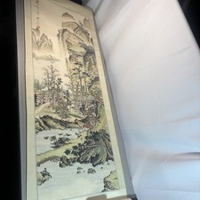 Large Chinese-Style Landscape Painting on Silk or Paper, Figures on Horseback in Mountain Setting