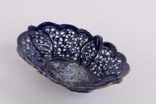 Cobalt Blue Reticulated Pierced Ceramic Plate with Hand-Painted Enamel Flowers and Gold Accents — listing 3