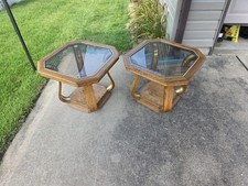 Vintage Octagonal Two-Tier Side Table with Beveled Glass Display Top and Brass Fluted Columns — listing 4