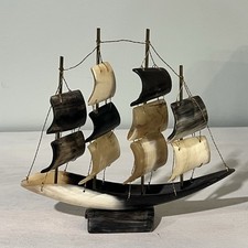 Folk Art Ship Models - Carved Horn Sailing Ship & Two Wooden Sailing Ships