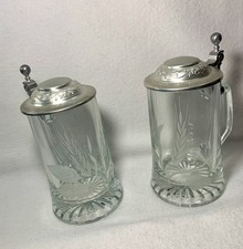 Pair of German Etched Glass Beer Steins with Hinged Pewter Lids, Elk/Stag Wildlife Motif — listing 2