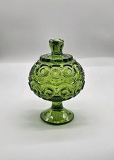 Vintage Green Glass Moon and Stars Pattern Ruffled Rim Footed Compote — listing 2
