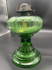 Antique Green Depression Glass Kerosene Oil Lamp with Clear Chimney — listing 6