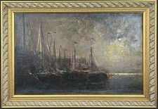 Framed Oil Painting Harbor Seascape with Sailing Boats and Figures, Signed — listing 2