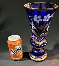 Bohemian glass Bohemian Enameled Blue Glass Vase with Moorish Gilt Decoration and Raised Floral Enamel — listing 3