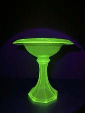 Vintage Uranium Vaseline Glass Footed Compote / Open Comport, 8.5" x 7"