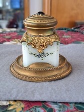 Antique Square Cut Glass Inkwell with Brass Hinged Lid, Stag Head Engraving — listing 3
