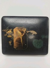 Vintage Japanese Black Lacquer Jewelry Chest with Mother of Pearl Abalone Inlay Pagoda Landscape