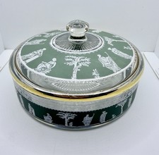 Vintage Green Optic Melon-Ribbed Glass Covered Jar with Silver-Tone Metal Base and Rim — listing 4