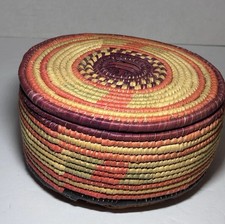 Vintage Embossed Leather and Woven Rattan Domed Lidded Storage Basket/Box — listing 5