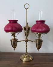 Vintage Brass Double-Arm Student Desk Lamp with Ruffled Prismatic Glass Shades — listing 3