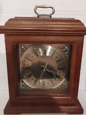 "The Fawndale" Wood Mantel Clock with German Movement and Brass Filigree Dial — listing 4