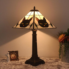 Tiffany-Style Stained Glass Table Lamp with Bronze Cat Base
