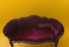 Antique Victorian Empire-Style Wood-Frame Settee/Sofa with Purple Floral Upholstery