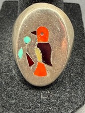Zuni Inlay Roadrunner / Bird Post Earrings, Sterling Silver with Turquoise, Coral & Mother-of-Pearl