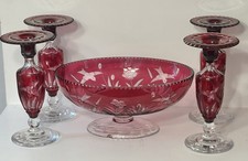 Vintage Cut & Wheel-Engraved Clear Glass Flared Console Bowl with Floral/Fern Motif — listing 2