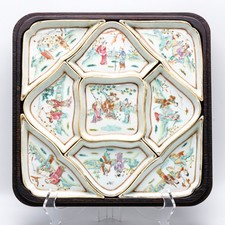 Chinese Famille Rose Porcelain Sweet Meat / Lazy Susan Serving Set in Lacquered Wood Box