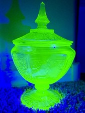 Green Uranium Depression Glass Covered Candy Dish with Pointed Finial, Princess Pattern, 9" Tall — listing 3
